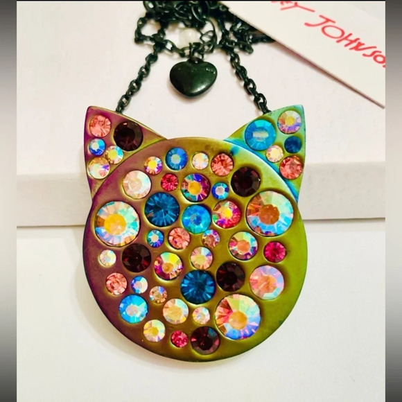 BETSEY JOHNSON SET Halloween Cat Head Crystals in Gunmetal Earrings Necklace NWT - Picture 4 of 13